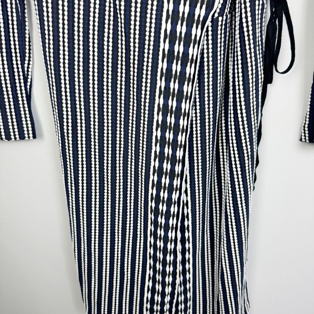 TORY BURCH | Jacquard Striped Navy Blue Long Sleeve Wrap Dress Women’s Size M - Picture 4 of 14
